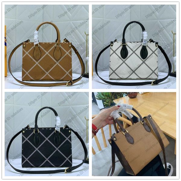 

2022ss onthego 25cm mini on the go pm 25 tote bag embossed giant monograms pattern womens designer luxurys handbag brown cream white black
