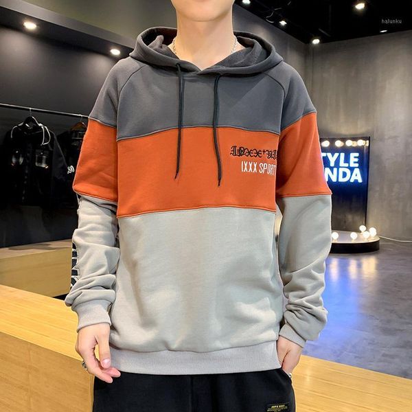 

men's hoodies & sweatshirts 2021 korean style autumn spring men's hooded patckwork long sleeve fashion pullovers loose soft casual, Black