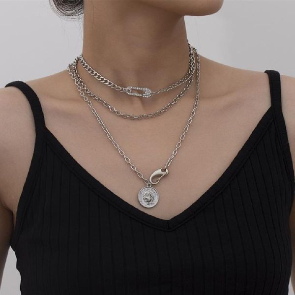 

3pcs/set multilayer rhinestone paper clip choker necklace portrait coin pendant necklace chunky chain for women 2021, Silver