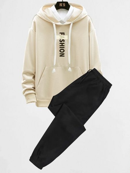 

romwe guys letter kangaroo pocket drawstring hoodie & solid pants p0wd#, Gray