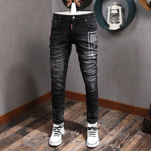 

men's jeans fashion streetwear men black color printed designer punk denim pencil pants slim fit hip hop ripped trousers, Blue