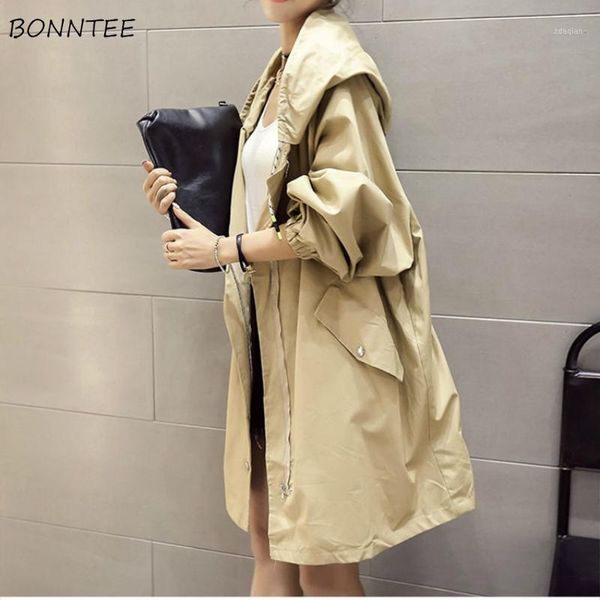 

trench women chic loose hoodies printed drawstring spring femme outerwear zipper new sweet soft leisure 4 colors oversize1, Tan;black