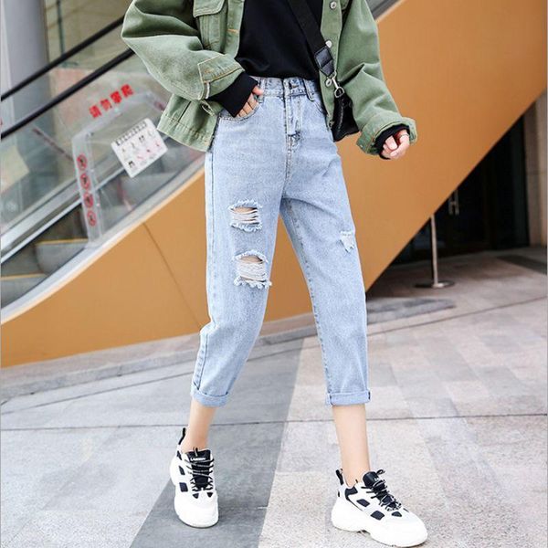 

jeans female 2021 new large size women high waisted calf-length pants, Blue