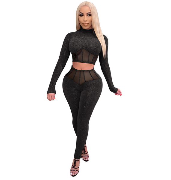 

bling womens designer tracksuits guaze panelled long sleeve long pants womens 2pcs sets casual females slim clothing, Gray