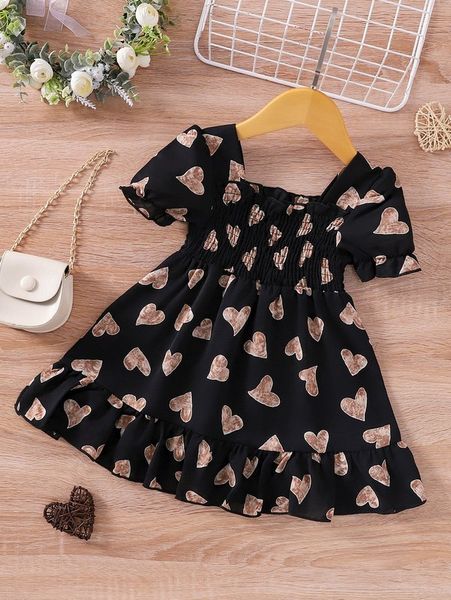 

baby heart print shirred puff sleeve ruffle hem dress she, Red;yellow