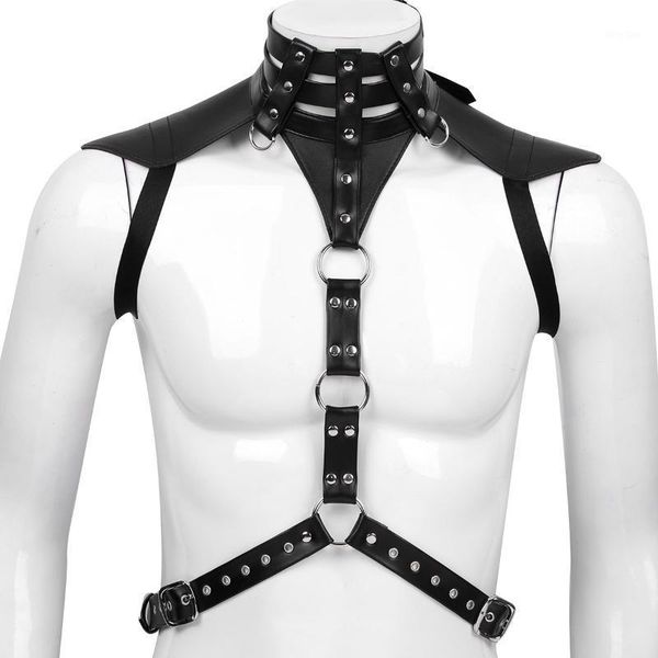 

fashion male mens faux leather halter neck adjustable buckles body chest harness belt with metal o-rings fancy costume straps1, Black
