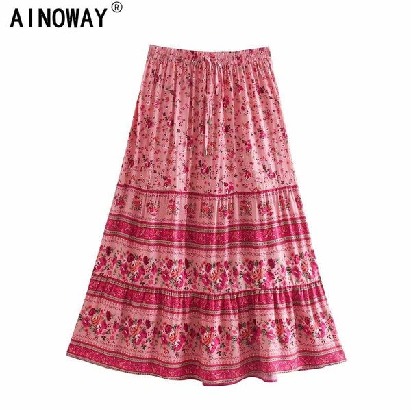 

pink floral print ethnic vintage chic women beach bohemian skirt ladies high elastic waist rayon cotton boho maxi skirts, Black