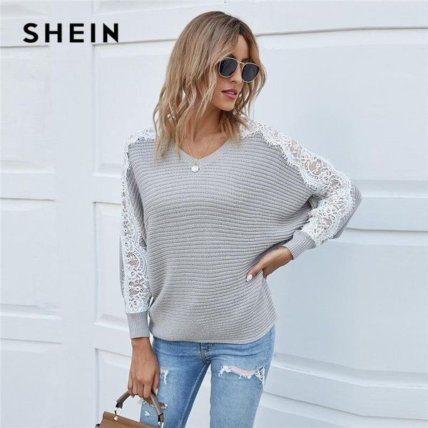 

colorblock lace panel batwing sleeve sweater women autumn ladies pullovers v neck oversized casual sweaters, White;black