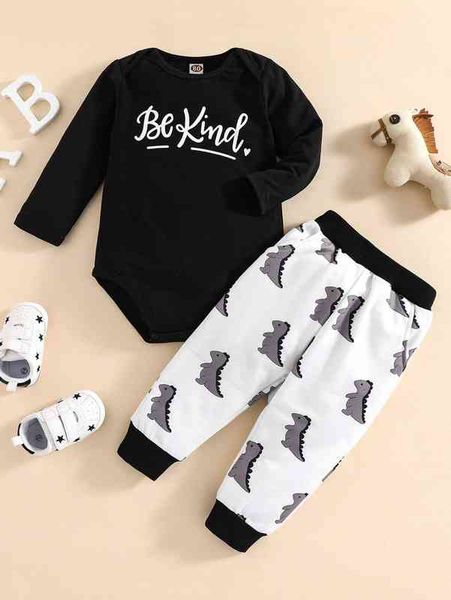 

baby slogan graphic bodysuit & dinosaur print sweatpants she, White