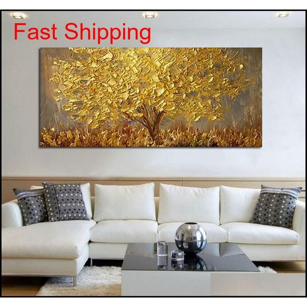 

large hand-painted knife trees oil painting on canvas palette golden yellow paintings modern abstract wall art qyliea packing2010