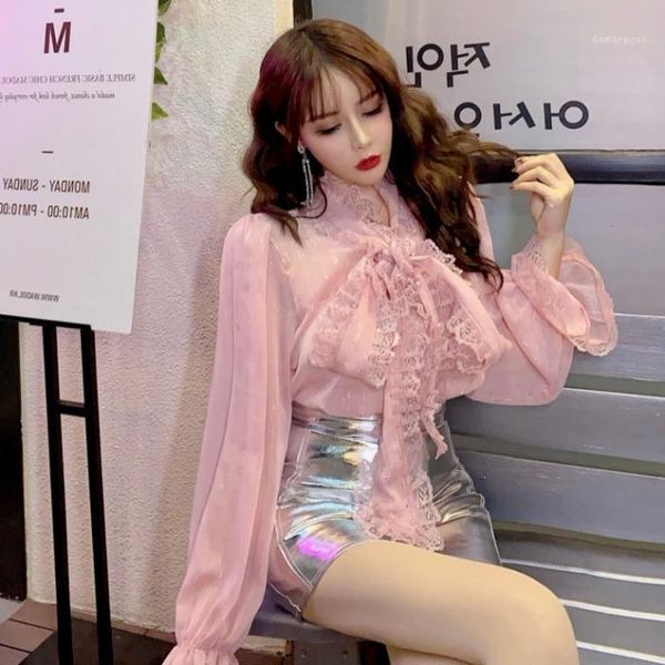 

korean summer new beaded lace-up bow collar long flare sleeve chiffon shirts blouses women blusas fashion streetwear 20201, White