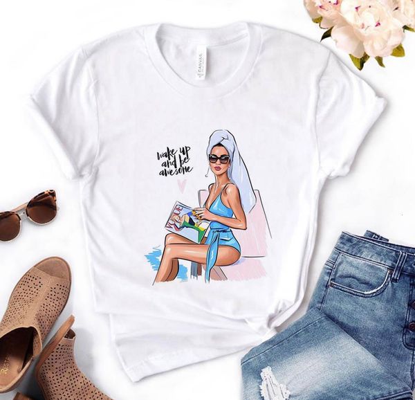 

wake up and be awesome girl print women tshirt cotton casual funny t shirt gift for lady yong girl tee pm-172, White