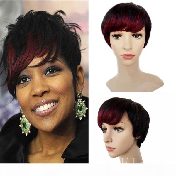 

short bob wigs 1b# red bangs pixie cut short human hair wigs for black women bob full lace front wigs with baby hair, Black;brown