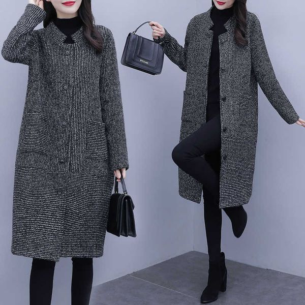 

thick woolen women's winter new large size long-sleeved single-breasted casual mid-length plus veet coat q320, Black