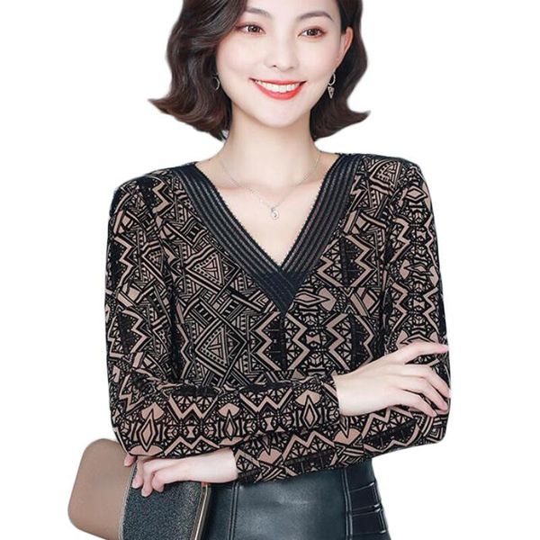 

long sleeve v-neck women blouses vintage print korean slim lace blouse women shirts office plus size blusas mujer, White