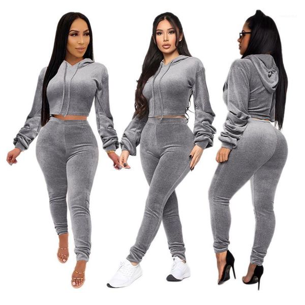 

women autumn spring 2pcs suit long sleeve bare midriff short hoodie drawstring sweatshirt slim elastic pencil pants slim set1, Gray