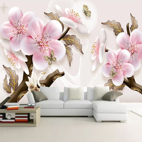 Background costume Mural Wallpapers Home Decor 3D estereoscópico flor gravada Sala Sofa TV Wall Art Wallpaper Pintura