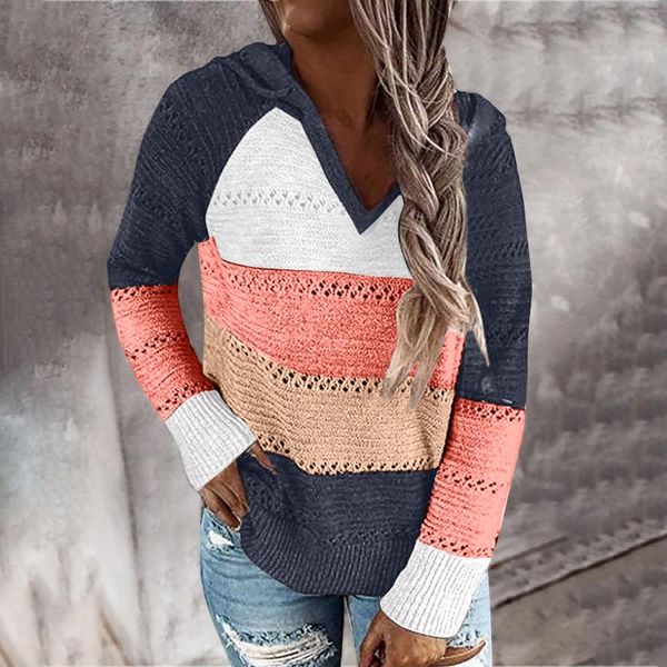 

patchwork hooded sweater v-neck long sleeve blouse fashion women casual hoodies pullovers gray,amy green,navy daily clothes, White;black