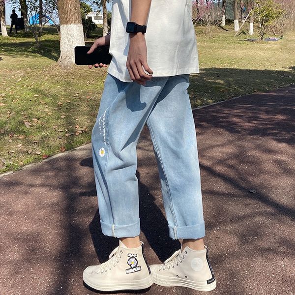 

light color straight jeans men's korean fashion summer pants daisy print capri pants, Blue