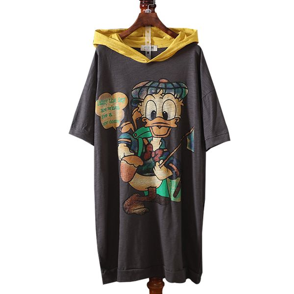 

large size women hooded t-shirts new summer loose cartoon printing female pullovers short sleeve cotton medium-long y19060601, White