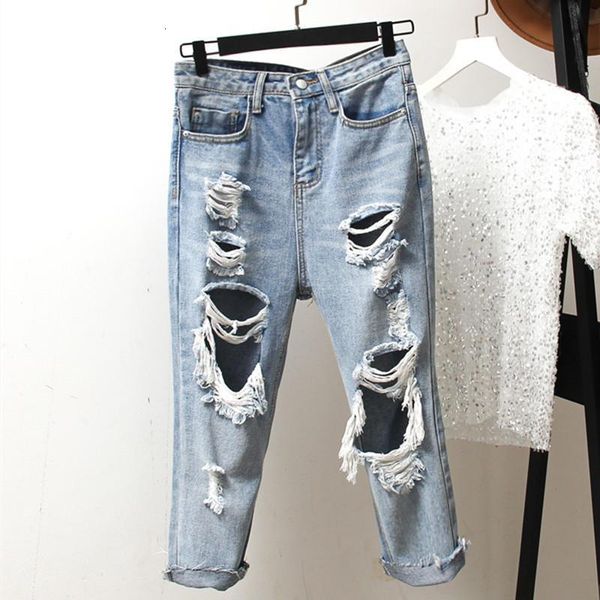 

ripped jeans for women pants vintage high waist boyfriend jeans femme loose streetwear plus size hole denim jeans 4xl q1535, Blue