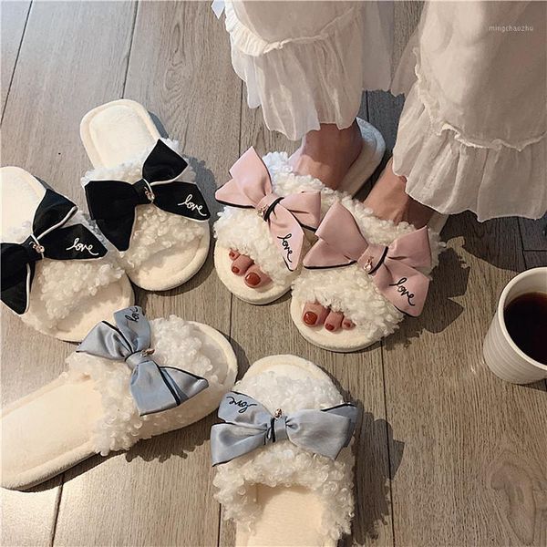 

slippers faux fur slides for women white plush winter with bow furry house woman fluffy sliders shoes1, Black