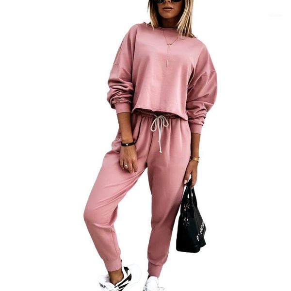 

women's tracksuits 2021 autumn fashion ladies leisure sports long-sleeved suit solid color drawstring trousers loose fitness clothes fo, Gray