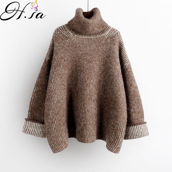 

h.sa women high turtleneck green sweater and jumpers long sleeve solid oversized pullovers thick winter knitwear korean 210203, White;black