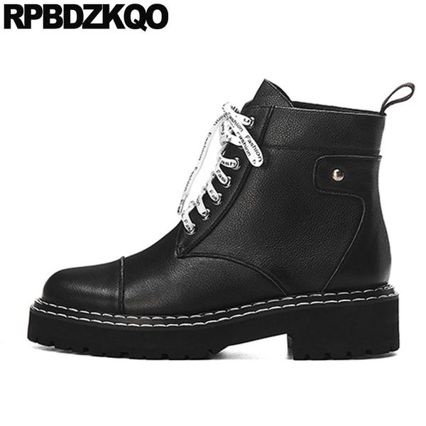 

boots winter women chunky shoes trend british black front lace up casual ankle autumn booties round toe 2021 fur combat