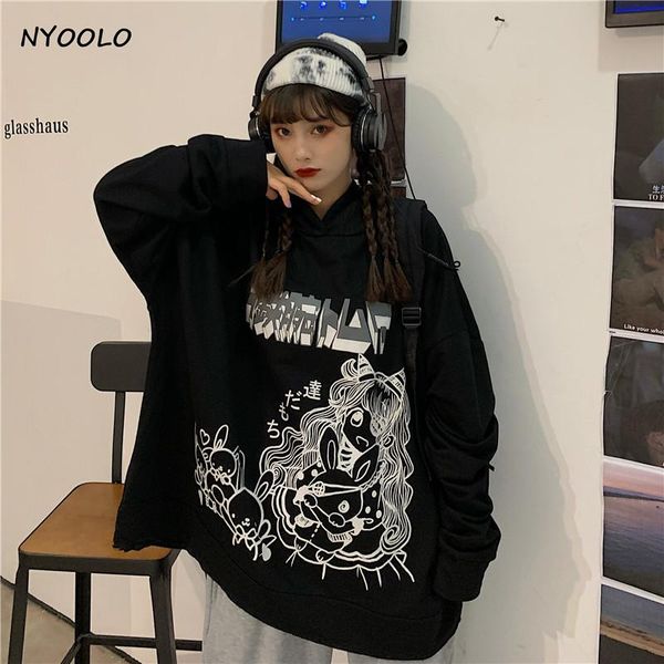 

nyoolo harajuku japanese cartoon girl hug print oversized hoodies women spring autumn pullovers hooded sweatshirt, Black