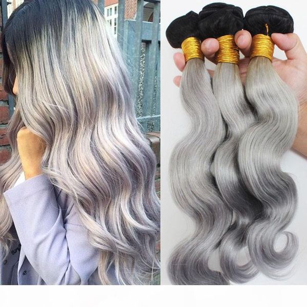 

sliver grey ombre human hair extensions 3pcs #1b grey hair body wave two tone ombre peruvian hair weaves, Black