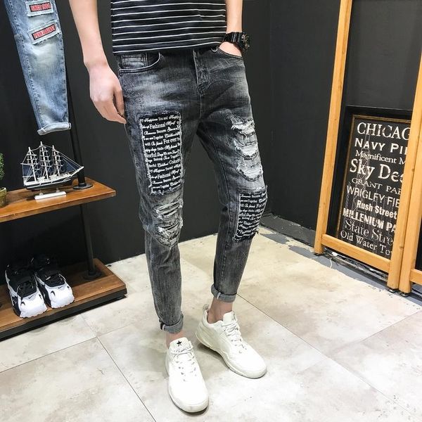 

nice spring and summer trend korean version of the couple casual fashion stretch slim sports hole print jeans hip hop, Blue