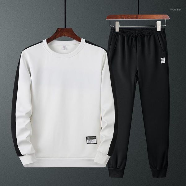 

2019 autumn men's casual sports clothing set korean-style youth color panel pullover hoodie jacket pants two-piece set1, White;black