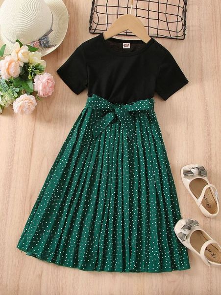 

toddler girls polka dot pleated hem belted dress she, Red;yellow