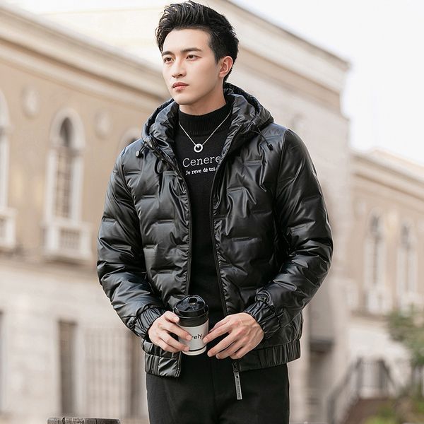 

2020 winter new pure color youth slim fitting hooded leisure down men's jacket, Black;brown