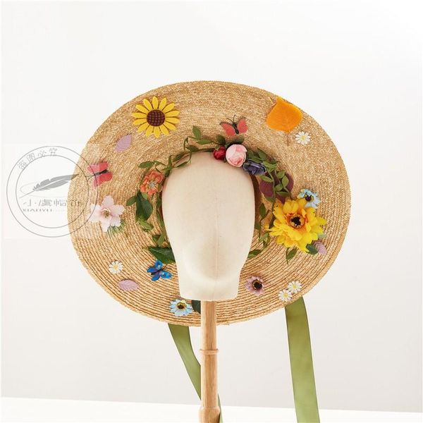 

handmade16cm wide brim straw hat fairy forest daisy flower ribbon bonnet hat women fashion wedding party summer sun cap sombrero, Blue;gray