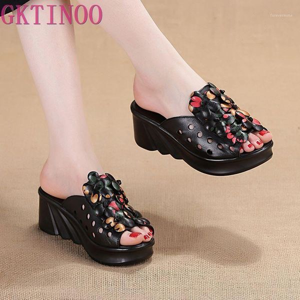 

slippers gktinoo summer woman shoes platform wedge genuine leather women high heel for retro sandals female shoes1, Black
