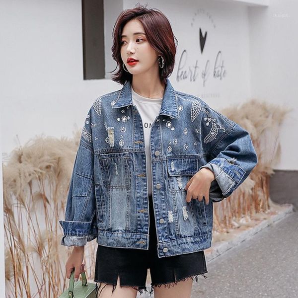 

2020 fashion the new loose heavy duty diamond wild hole denim jacket, Black;brown