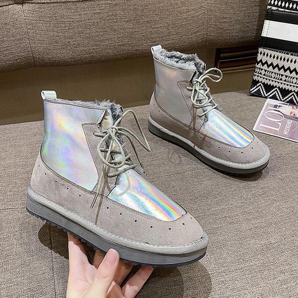 

lucyever silver laser thick plush cotton padded shoes woman fashion patchwork flat platform ankle boots women warm snow boots, Black