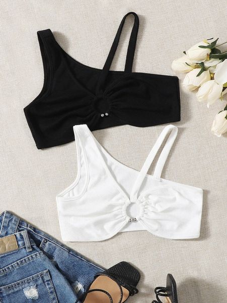 

2pcs o-ring front asymmetrical neck crop i7rc#, White