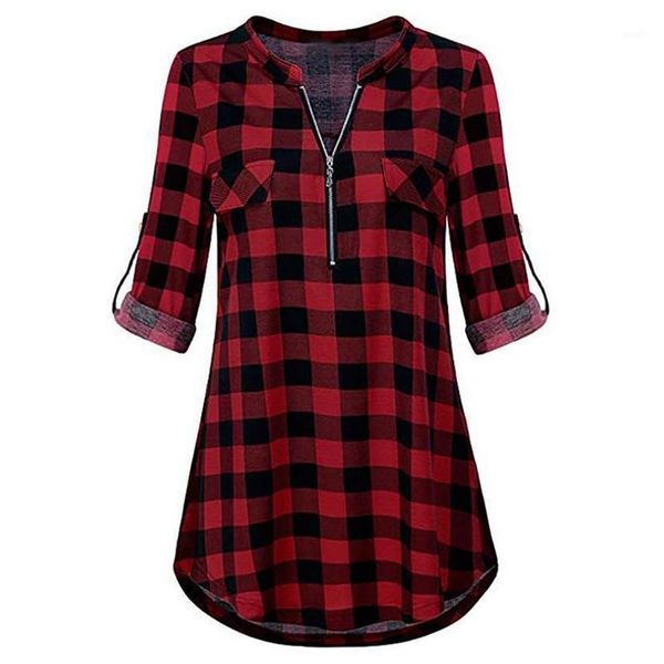 

fashion women's zip plaid v neck long sleeve casual shirt blouse 40#1, Black