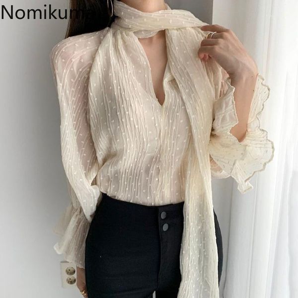 

nomikuma polka dot blouse women autumn 2020 korean chic v neck flare sleeve slim shirts blusa fashion casual lady 3c8991, White