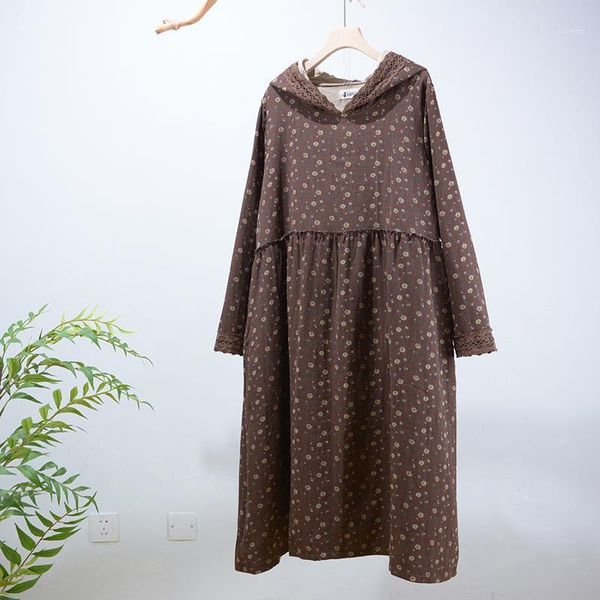 

mori retro hooded floral dress autumn winter cotton linen dress long sleeve loose casual1, Black;gray
