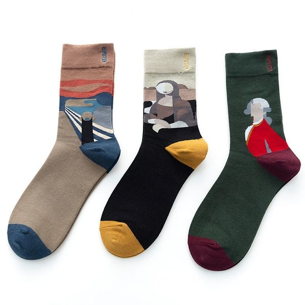 

3pairs/pack oil painting style women socks 100 cotton harajuku colorful funny socks women standard streetwear size 35-43 201109, Black;white