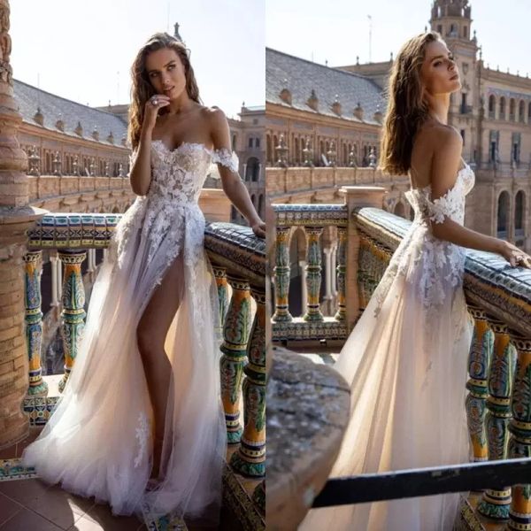 

a line wedding gowns lace appliqued off the shoulder boho bridal dresses sweep train backless high side slit bohemian bride f4609761, White
