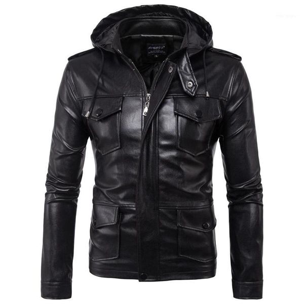 

new men's hooded motorcycle leather jacket europe and america style autumn multi-pocket soft pu leather jacket coat big size 5xl1, Black