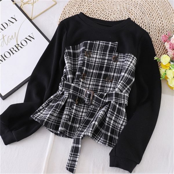 

2021 new new korean style contrast color stitching woolen plaid shirt women's tie waist long-sleeved sweater trend tjzz, Black