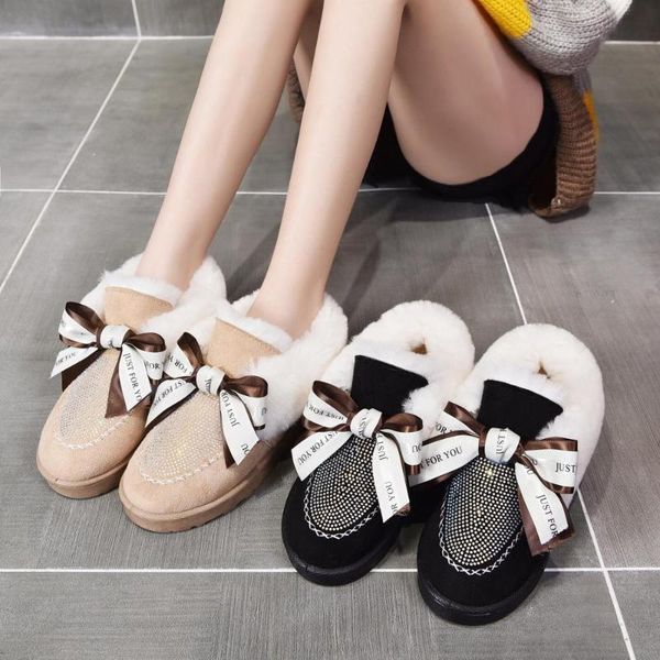 

2020 new women's winter fashion european and american style low heel short tube suede warm solid color bow snow boots, Black