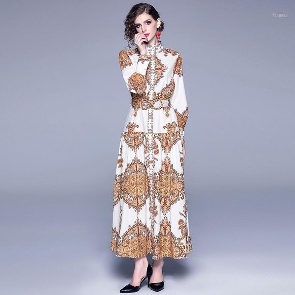 

new runway autumn woman maxi high waist dress puff sleeve sashes floral print single breasted split long dresses vestidos1, Black;gray