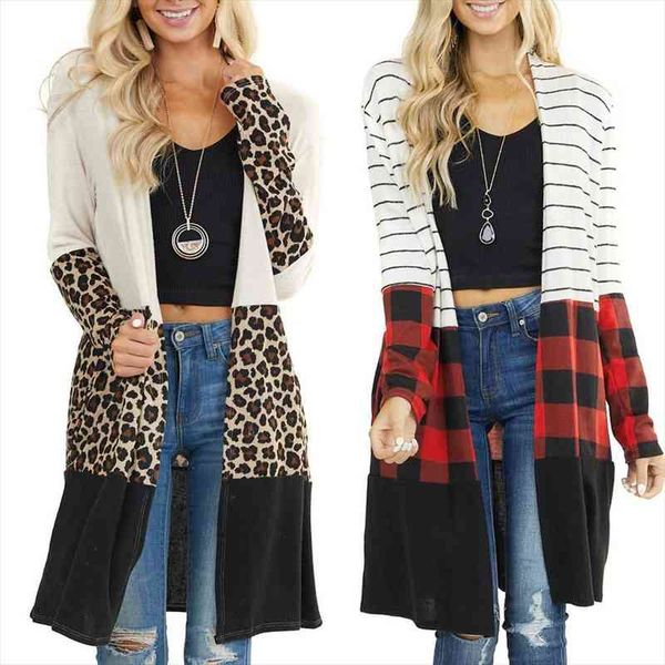 

womens leopard plaid striped patchwork cardigans open front long sleeve coat winter fashion casual ladies cardigan sweater, White;black